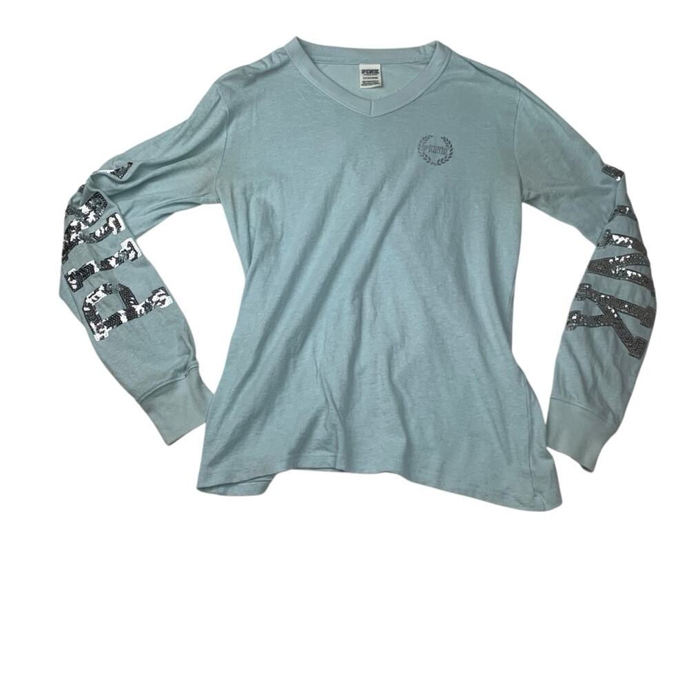Pink Victorias Secret size small long sleeve shirt sequins powder blue arms